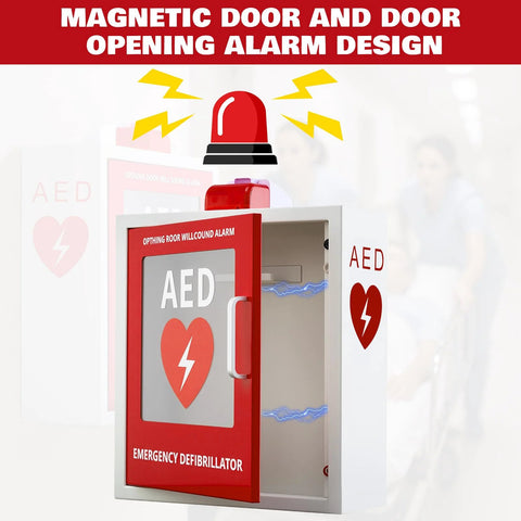 AED defibrillator cabinet wall-mounted with alarm; white body, red front door with clear window and silver handle