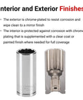 Chrome-plated socket showing interior and exterior finishes, part of the Three Eighth Inch Drive Semi Deep 12 Point Socket Set With Rail Nineteen Piece Metric Range Six To Twenty Four Millimeters Large Markings For Easy Read Ideal For Autos DIY And Home Garage.