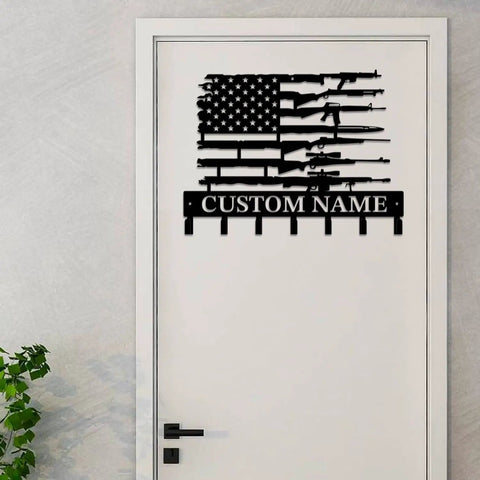 Personalized Black Iron Gun Hook Wall Key Rack And Coat Hanger Heavy Duty Cast Iron Wall Decor with custom name engraving on door