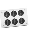 Top Shelf Six Socket 110V Filtered Power Strip And Audiophile Conditioner For Pro Audio Rigs Plus Home Theater Setup delivers six black outlets on a silver surface.