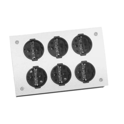 Top Shelf Six Socket 110V Filtered Power Strip And Audiophile Conditioner For Pro Audio Rigs Plus Home Theater Setup delivers six black outlets on a silver surface.