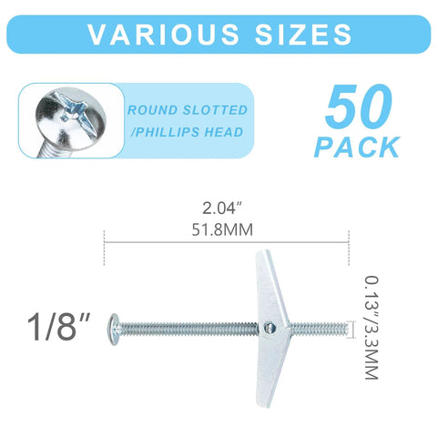 Heavy Duty Toggle Bolts Kit For Drywall 50 Pcs One Eighth Inch Butterfly Anchors With Screws dimensions and features