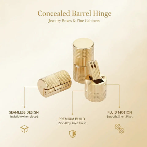 Gold Zinc Alloy Concealed Barrel Hinge For Jewelry Boxes And Cabinets Hidden Hardware in detailed view