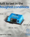 SmartSolar MPPT Charge Controller With Bluetooth MC4 Compatible 150V 100A on tiled surface showing dimensions.