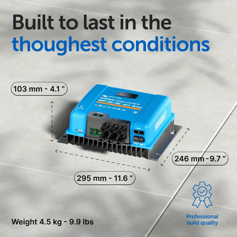 SmartSolar MPPT Charge Controller With Bluetooth MC4 Compatible 150V 100A on tiled surface showing dimensions.