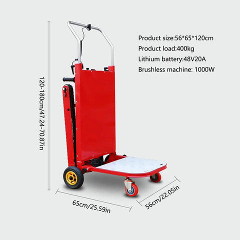 Ditch The Struggle With This Heavy Duty Electric Stair Climbing Hand Truck For Easy Moving Loads That Fold Up Small And Powers You Up Any Flight In Style, features red design and adjustable handle.