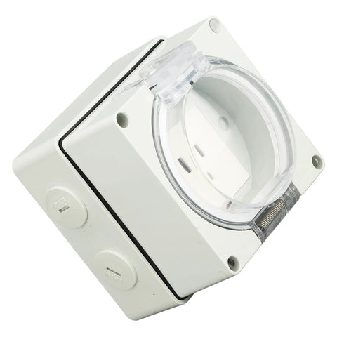 Hella Tough Ip66 Weatherproof Outdoor Electrical Outlet and 3 Prong Power Socket with clear locking cover and sealed box.