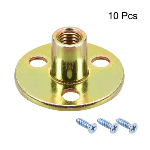 M8 Brad Hole Tee Nuts Badass Heavy Duty Galvanized Carbon Steel Furniture Hardware Flange Inserts with screws for assembly.
