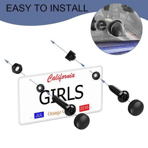 Heavy Duty Anti Theft License Plate Screws Kit Featuring Hella Tight Rustproof Stainless Steel Bolts and Tamper Proof M6 Fastener Caps shown with installation guide.