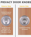 Set Of 4 No Fuss Satin Nickel Privacy Door Knobs With Adjustable Latch Fits Standard Backsets For Bedroom And Bathroom Doors Easy Install With Screws And Instructions, display of interior and exterior sides with unlocking features