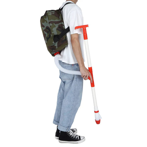 Person carrying Manual Fertilizer Spreader With Bag For Farm Crops And Garden Use Accurate Measurement Fertilizing Tool