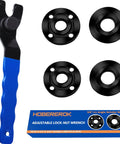Universal Angle Grinder Wrench And Nut Kit 5 Pcs Set showing wrench and nuts for 4.5 5 and 7 inch grinders including DeWalt Makita Bosch