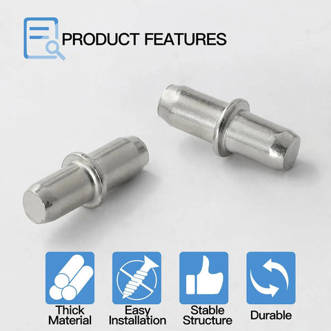 Two 5mm Heavy Duty Nickel Plated Shelf Pegs, showcasing durable construction for easy installation in bookshelves and cabinets.