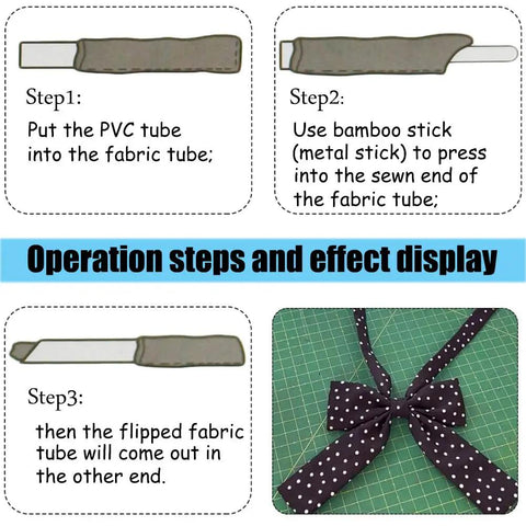 Instruction steps for Eight Piece Quick Turn Fabric Tube Turner And That Purple Thang Sewing Tools Set, showing tube turning process.