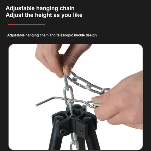 Adjusting chain on Campfire Tripod Grill Stand With Adjustable Height Ultra Portable Aluminum Cooking Gear For Camping