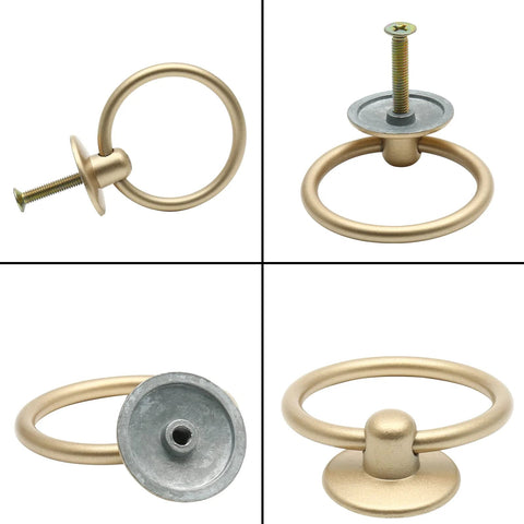 5 Pack Gold Ring Drawer Pulls With Screws, Brass Cabinet Handles Drop Knobs, European style, shown from various angles
