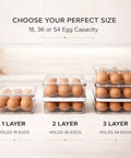 Stackable Fridge Egg Dispenser With Rolling Auto Dispense Holds 36 Eggs, clear two-layer design, shown in kitchen setting