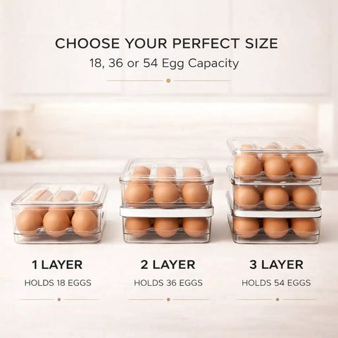 Stackable Fridge Egg Dispenser With Rolling Auto Dispense Holds 36 Eggs, clear two-layer design, shown in kitchen setting