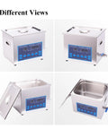 Degassing Ultrasonic Cleaner 10L for DPF PCB and Jewelry Cleaning, showing four angles, including open lid and control panel.