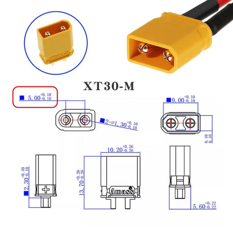 XT30 Power Connector Male To Male 18AWG Extension Cable with diagram, high current, low resistance, 50cm length, gold-plated terminals