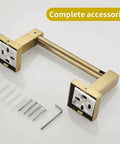 Gold Toilet Paper Holder And Hand Towel Bar Set In Brushed Brass With Double Post Pivoting Design For Secure Roll Change shown with screws and tool.
