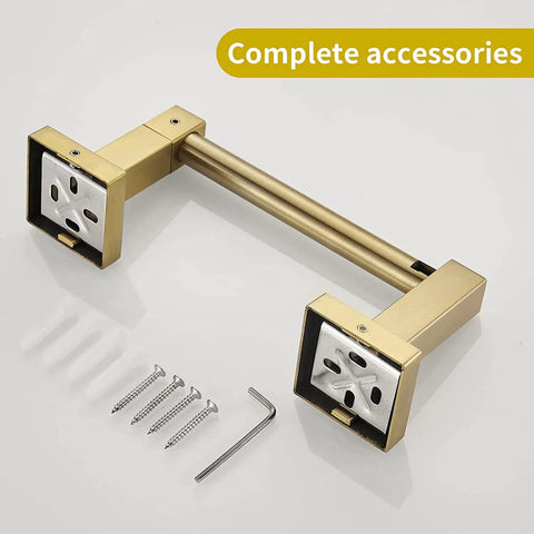 Gold Toilet Paper Holder And Hand Towel Bar Set In Brushed Brass With Double Post Pivoting Design For Secure Roll Change shown with screws and tool.