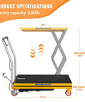 Heavy Duty Hydraulic Lift Table Cart 330 Lbs Dual Scissor Hoist with 50in max height and 29.5in length specifications.