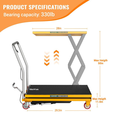 Heavy Duty Hydraulic Lift Table Cart 330 Lbs Dual Scissor Hoist with 50in max height and 29.5in length specifications.