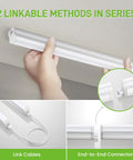 Ultra Bright 4 Foot LED Shop Light Bar With 2300 Lumens And 6500K Cool White Energy Efficient Linkable Ceiling And Under Cabinet Lighting For Garage Workshop Basement FCC Certified 4 Pack, showing linkable installation