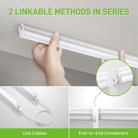 Ultra Bright 4 Foot LED Shop Light Bar With 2300 Lumens And 6500K Cool White Energy Efficient Linkable Ceiling And Under Cabinet Lighting For Garage Workshop Basement FCC Certified 4 Pack, showing linkable installation