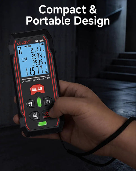 230ft Laser Distance Meter 1/16 Inch Accuracy Digital Laser Measuring Tool with Backlit LCD 8 Measurement Modes 30 Data Storage in hand