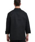 Back view of a man wearing a Straight Fire Kickass Chef Coat Black Long Sleeve Kitchen Workwear in a solid black design.