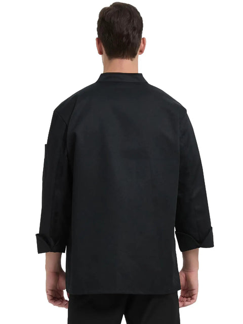 Back view of a man wearing a Straight Fire Kickass Chef Coat Black Long Sleeve Kitchen Workwear in a solid black design.