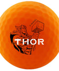Orange golf ball from Vivid Marvel Golf Ball Gift Set Five Pack With Officially Licensed Captain America Hulk Iron Man Thor Spider Man Designs In Bold Colorful Graphics For Fans And Collectors featuring Thor design.