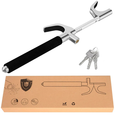 Heavy Duty Steering Wheel Lock Security Bar With Retractable Design for Cars Trucks SUVs and Vans, shown with keys and packaging.