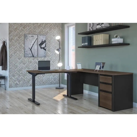 Badass L Shaped Standing Desk With Three Drawer Pedestal Scratch Resistant Laminate Top in modern home office setting.