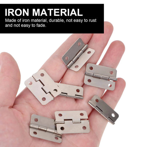 Hand holding 20 Piece Mini Hinge Set For DIY Projects And Handmade Crafts Small Iron Hinges, silver, for cabinets, drawers, chests.