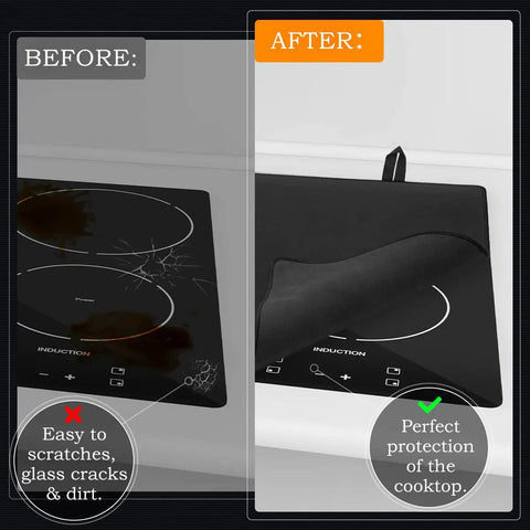 Before and after comparison of stovetop with Stovetop Protector Mat For Glass And Ceramic Cooktops, Heat Resistant Silicone Thick Induction Cover, 28.5 By 20.5 Inches