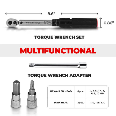 Pro Grade Bike Torque Wrench And Screwdriver Set For Your Ride Maintenance showing wrench, extension bar, and adapter bits.