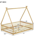 Tent Shaped Floor Bed With Guardrails And Slats For Privacy And Safe Sleep, Durable Rubber Wood And Plywood Frame With 7 Slats