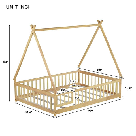 Tent Shaped Floor Bed With Guardrails And Slats For Privacy And Safe Sleep, Durable Rubber Wood And Plywood Frame With 7 Slats
