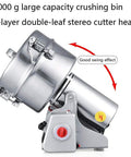 2000G Electric Grain Mill Grinder Swing Type Pulverizer showing swing mechanism with 2000 g capacity and cutter head.