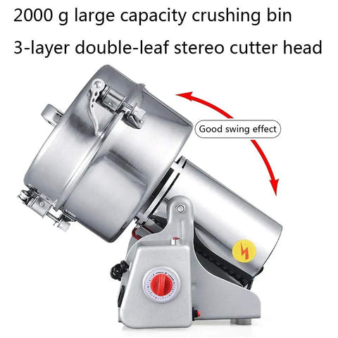 2000G Electric Grain Mill Grinder Swing Type Pulverizer showing swing mechanism with 2000 g capacity and cutter head.