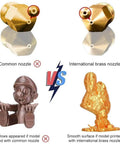Comparison of common nozzle vs international brass nozzle for 3D printers with smoother print quality shown in figures