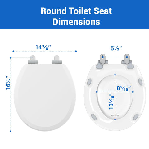 Topseat Pro 2 Durable Wood Toilet Seat, Slow Close, Round, White dimensions shown from above with size measurements.