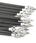 Eight Inch Carbon Crossbow Bolts With Red Vanes And Steel Broadhead Tips For Hunting And Target Practice, black shafts visible in bunch.