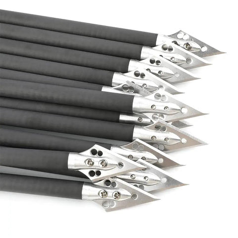 Eight Inch Carbon Crossbow Bolts With Red Vanes And Steel Broadhead Tips For Hunting And Target Practice, black shafts visible in bunch.