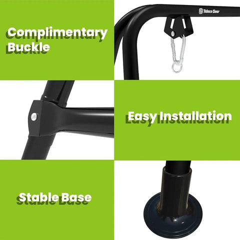 Beefy Swing Stand For Hammock Chair With Heavy Duty Steel Frame Max Load 330 Lbs Indoor Or Outdoor Use Stand Only Hammock Chair Not Included Powder Coated Black showing details like buckle, base, and installation.