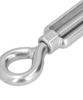 Close-up of Heavy Duty 304 Stainless Steel Wire Rope Turnbuckle Tensioner with adjustable grip for M16 size projects.