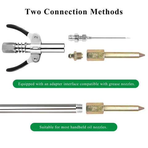 Grease Gun Needle Tips 5 Piece Set With Straight And Bent Nozzles And Three Needle Tips With Protective Caps shown with adapter and nozzle compatibility